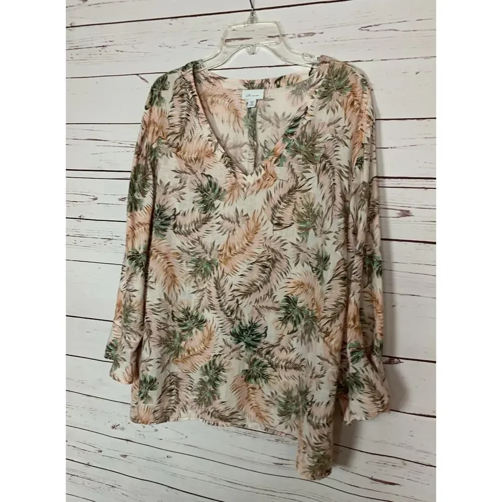 J.Jill Women's Plus Size 3X Pink Print 100% Linen Long Sleeve Summer Top Blouse